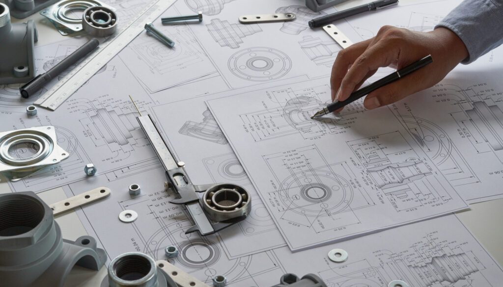 Engineer technician designing drawings mechanicalÂ parts engineering Enginemanufacturing factory Industry Industrial work project blueprints measuring bearings caliper tools