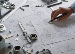 Engineer technician designing drawings mechanicalÂ parts engineering Enginemanufacturing factory Industry Industrial work project blueprints measuring bearings caliper tools