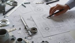 Engineer technician designing drawings mechanicalÂ parts engineering Enginemanufacturing factory Industry Industrial work project blueprints measuring bearings caliper tools