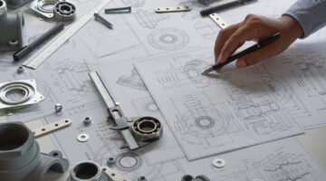 Engineer technician designing drawings mechanicalÂ parts engineering Enginemanufacturing factory Industry Industrial work project blueprints measuring bearings caliper tools